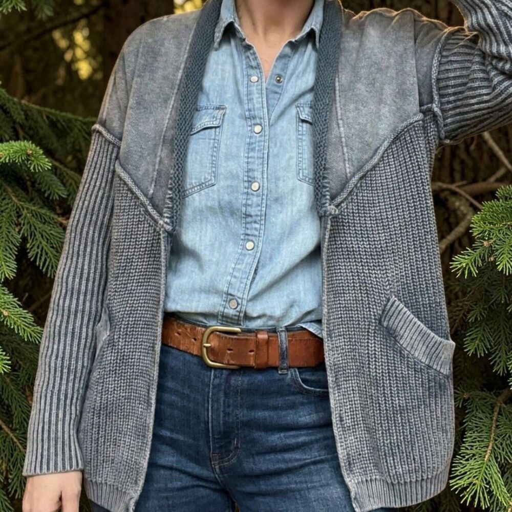 Anthropologie Pilcro Blue Acid Wash Chunky Knit Cardigan Sweater